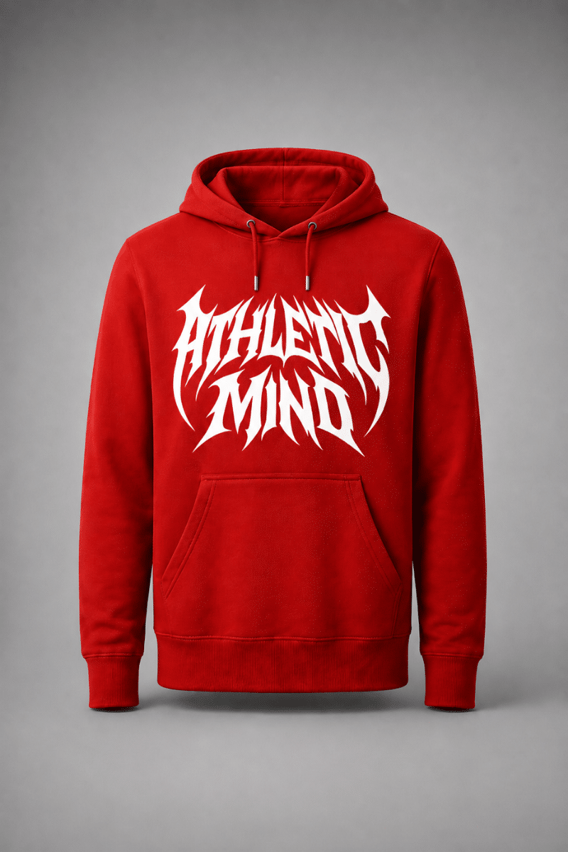 Hoodie Athletic Mind rojo con diseño gráfico blanco, estampado frontal y estilo urbano, capucha ajustable y bolsillo canguro.