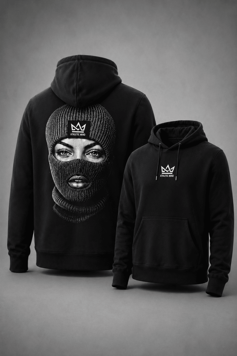 Hoodie Athletic Mind negro con diseño de rostro femenino blanco con negro, estampado frontal y estilo urbano, capucha ajustable y bolsillo canguro.